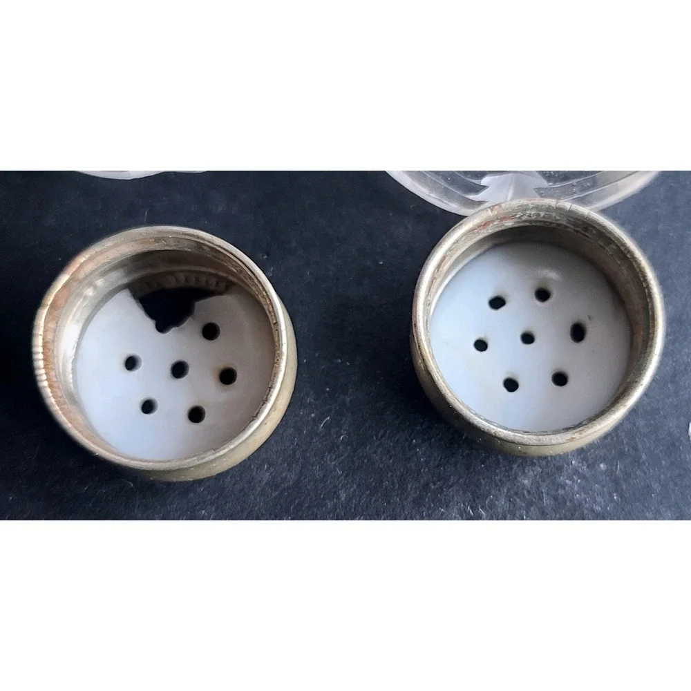 Vintage Crystal Salt-n-Pepper Shakers Metal Lids Mother of Pearl Lids Sterling‎